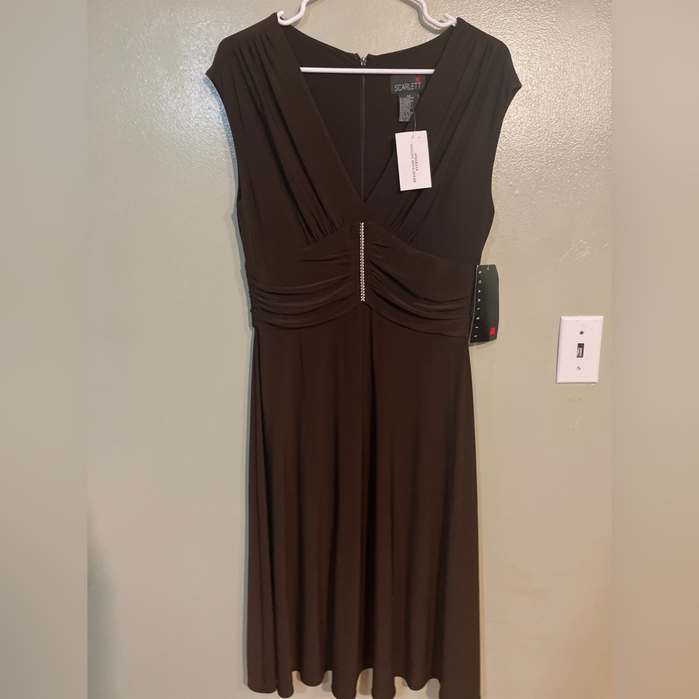 Scarlett Elegant Brown A Line Baby Doll Y2K V Neck Dress Brown Midi 12NWT